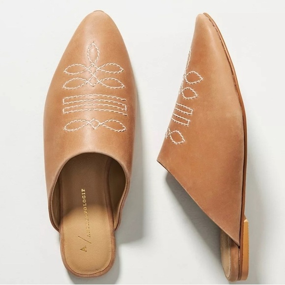 Anthropologie Western Pointed Toe Slides Honey Leather Embroidered 8.5 US / 39EU - Picture 1 of 10